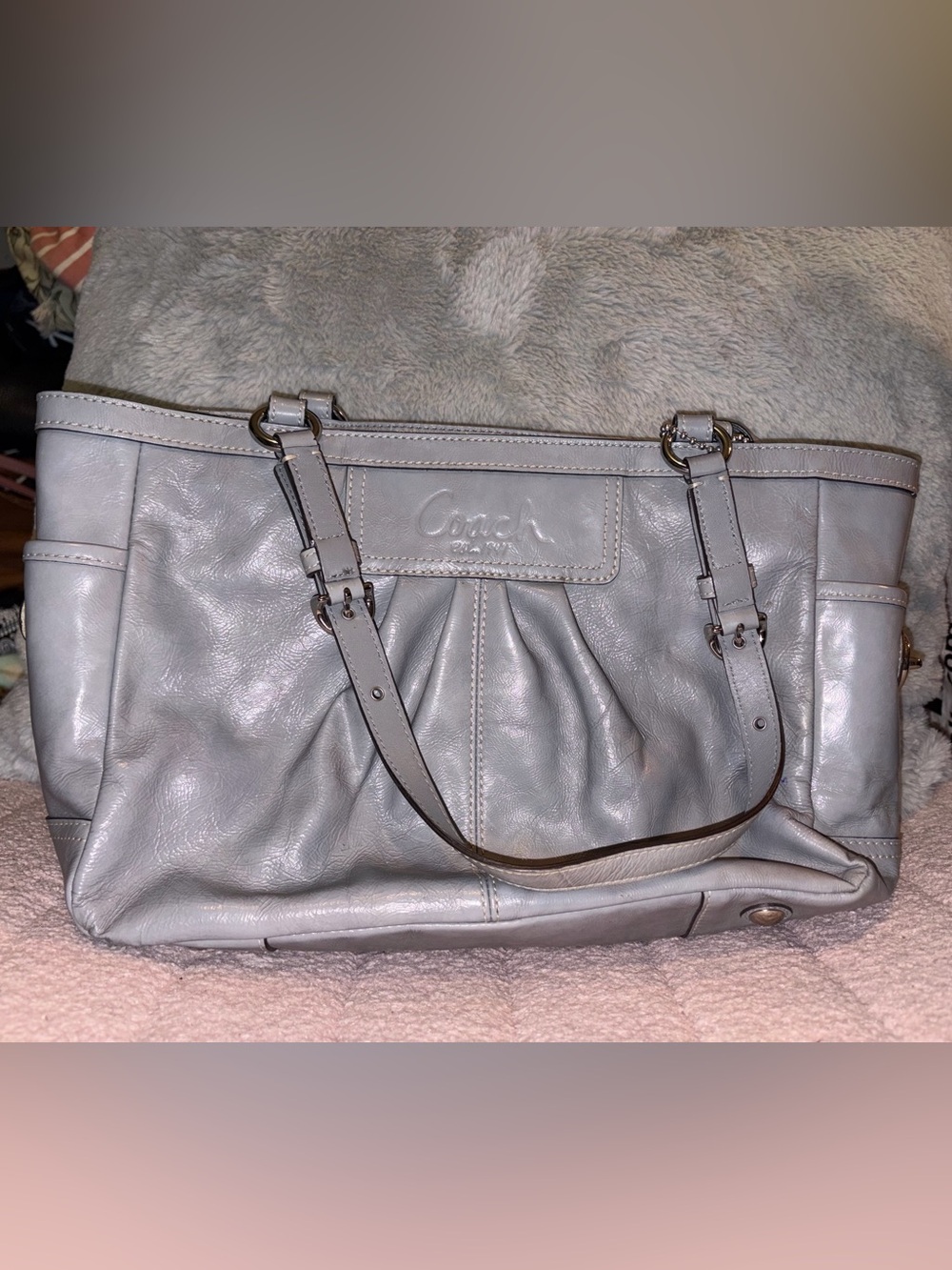 Coach Gray Leather Shoulder Bag with Dual Straps